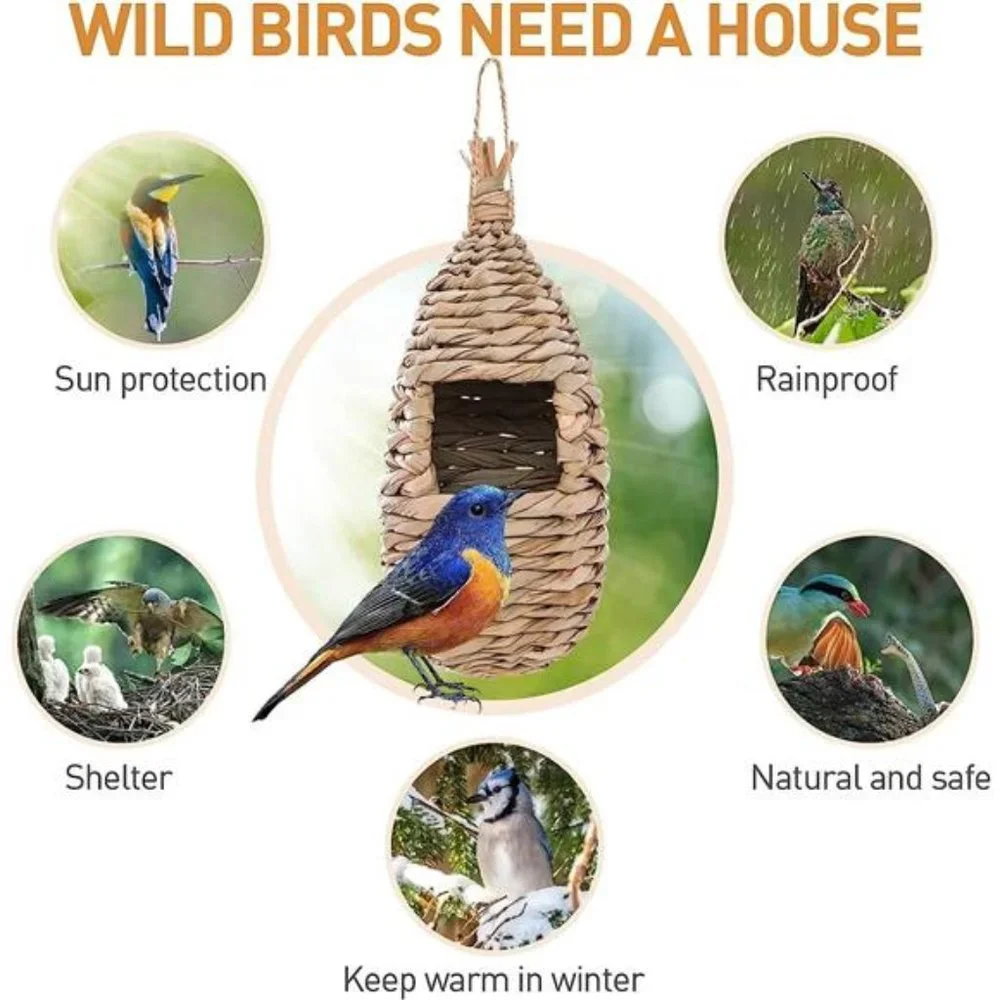 Humming Bird Houses for Outdoor Hanging, Natural Grass Bird Hut,Hand Woven Nest